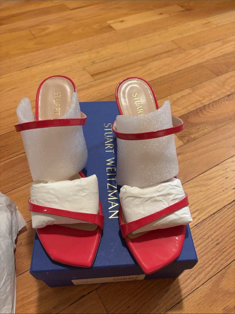 Stuart Weitzman Red Patent Slide Mules with Dual Straps